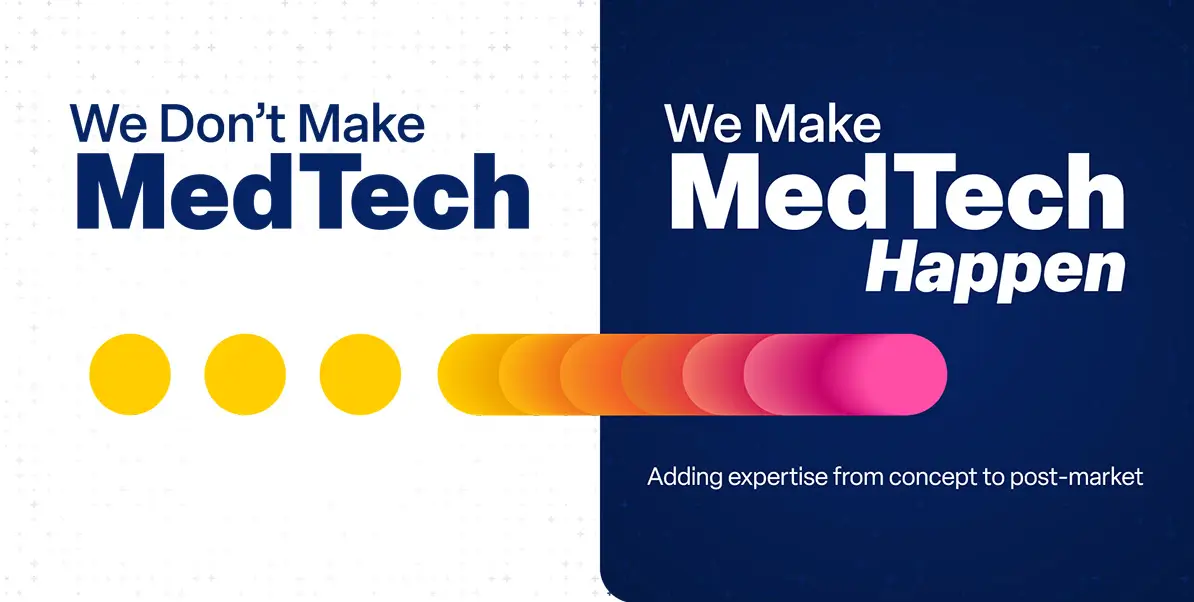 A split-screen graphic. Left panel: Large navy text reads We Don't Make MedTech (with MedTech in bold), and three solid yellow circles sit in a horizontal row beneath it. Right panel: Deep navy background with a subtle plus-sign pattern. Bold white text says We Make MedTech Happen (with Happen in italics). Below is the tagline Adding expertise from concept to post-market. To the left of the text sits a long pill-shaped gradient composed of overlapping rounded segments, fading from yellow through orange to pink.