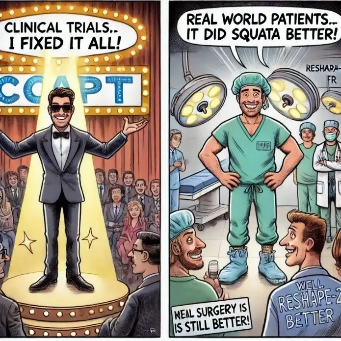 A satirical cartoon is divided into two panels.

In the left panel, a man in a tuxedo and sunglasses stands on a stage under bright lights with a sign behind him that reads "COAPT." He confidently declares, "Clinical trials... I fixed it all!" The audience applauds and smiles, emphasizing a triumphant, almost theatrical moment.

In the right panel, a muscular and smiling surgeon in green scrubs, with pant legs rolled up like workout gear, stands in an operating room under surgical lights labeled "RESHAPE-FR." He confidently says, "Real world patients... it did squata better!" (a humorous reference to squats and effectiveness). Other medical professionals around him discuss, with one saying, "Meal surgery is still better!" and another responding, "Well, RESHAPE-2 is better!"

The cartoon humorously critiques the gap between clinical trial results and real-world patient outcomes, using exaggerated caricatures and fitness metaphors to highlight differences in perception and effectiveness of treatments.