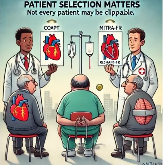 A satirical medical cartoon illustrates the importance of patient selection for heart procedures. At the top, bold text reads: "PATIENT SELECTION MATTERS – Not every patient may be clippable."

In the center, a patient in a hospital gown sits with hands tied behind his back, as if awaiting a decision. Two doctors stand in front of him, each presenting a different heart treatment approach.

On the left, a doctor labeled "COAPT" holds an image of a heart with clear arteries and suitable anatomy for a MitraClip procedure. The elderly patient in front of him has a matching heart illustration on his back.
On the right, another doctor labeled "MITRA-FR" holds an image of a heart labeled "RESHAPE-FR," indicating a different patient group. The elderly patient in front of him has an image of lungs on his back, suggesting underlying health conditions that might make him unsuitable for the MitraClip procedure.
An IV stand with balanced scales hangs between the doctors, symbolizing the careful decision-making required in selecting the right patients for treatment.

The cartoon humorously critiques the challenges in applying clinical trial results to real-world patients, emphasizing that not all patients are ideal candidates for the same interventions.