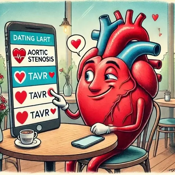 A humorous and anthropomorphized cartoon of a human heart is depicted sitting at a cozy café table, engaging with an online dating app on a large smartphone. The heart, wearing a flirtatious expression, is winking while selecting a match. The dating app interface, titled "DATING LART", displays options related to heart health conditions and treatments.

The top choice reads "Aortic Stenosis" with a heart symbol.
Below, three identical options labeled "TAVR ❤️" appear, suggesting a strong preference for Transcatheter Aortic Valve Replacement (TAVR) as the "match."
The heart's finger is about to tap one of the TAVR choices, clearly favoring this option. The setting includes a cup of coffee on the table, a smartphone resting beside the heart, and a softly lit café ambiance with heart decorations floating around, reinforcing the romantic and playful theme.

The cartoon humorously represents how TAVR is often the preferred treatment for aortic stenosis, likening the medical decision process to online dating.