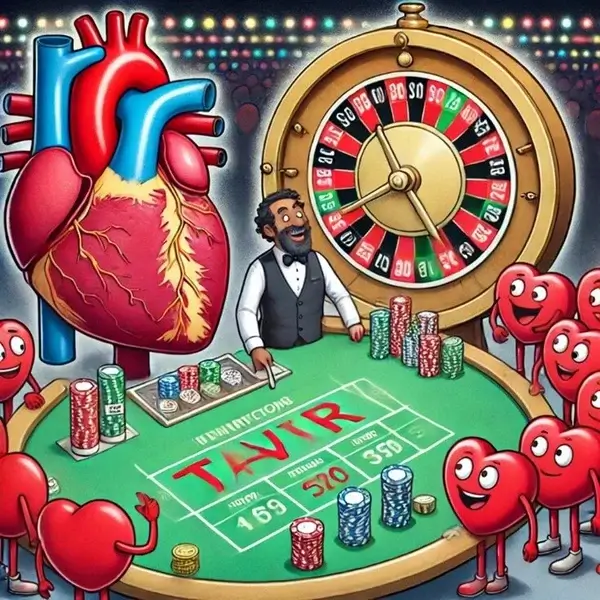 A vibrant and humorous casino-themed cartoon features a roulette table where anthropomorphized hearts are gambling on TAVR (Transcatheter Aortic Valve Replacement).

At the center, a large heart looms over the scene, representing the central theme of heart procedures.
A smiling dealer in a tuxedo stands behind the table, facilitating the game.
The roulette wheel in the background adds to the gambling motif.
The green betting table prominently displays the word "TAVR", along with numbers and percentages, symbolizing probabilities and medical statistics related to the procedure.
Small animated hearts with happy expressions eagerly place bets using colorful casino chips.
The illustration humorously likens TAVR decision-making and outcomes to a game of chance, highlighting the risk, probability, and excitement involved in medical interventions for aortic stenosis. The playful imagery makes a complex medical topic engaging and visually entertaining.